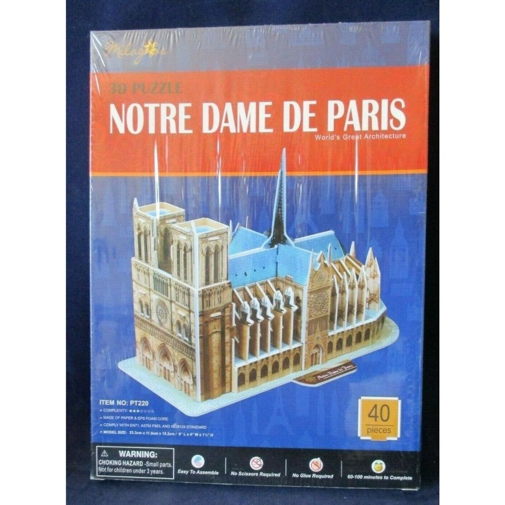 Nortre Dame De Paris Cathedral Milagros 3D Puzzle 40 pc New Sealed PT220